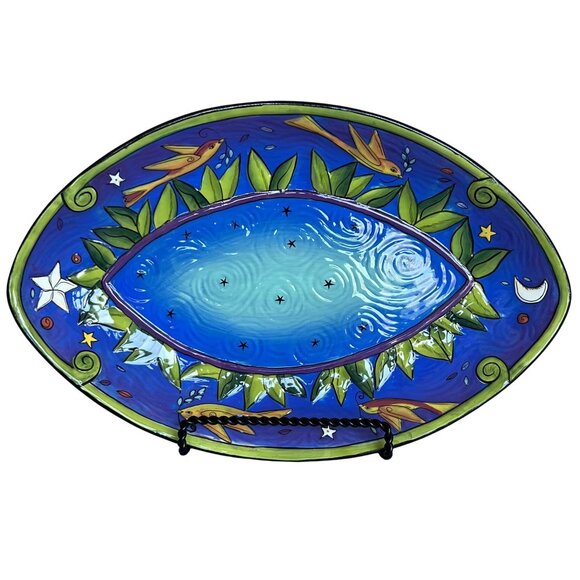 Terri Kern Vintage Handmade Moon Star Night Oval Serving Platter Bowl 14" Signed - Picture 1 of 16